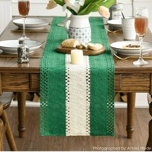 Woven Green and White Boho Table Runner 12” x 72” | Dining Decor